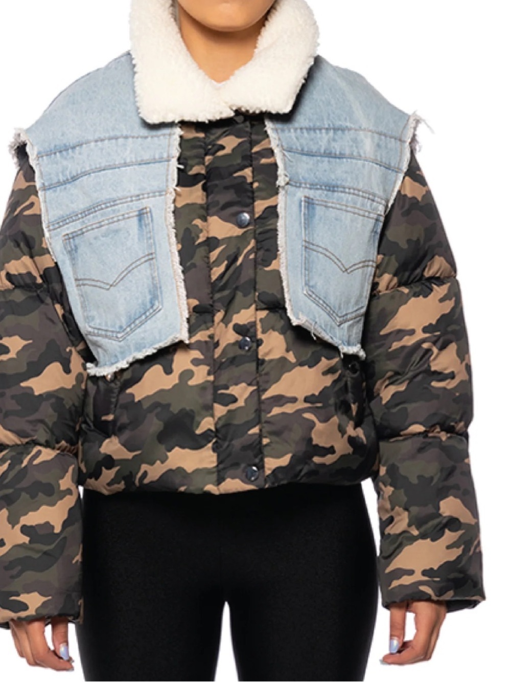 Camo Crop Puffer Jacket with Denim Yoke and Sherpa Collar